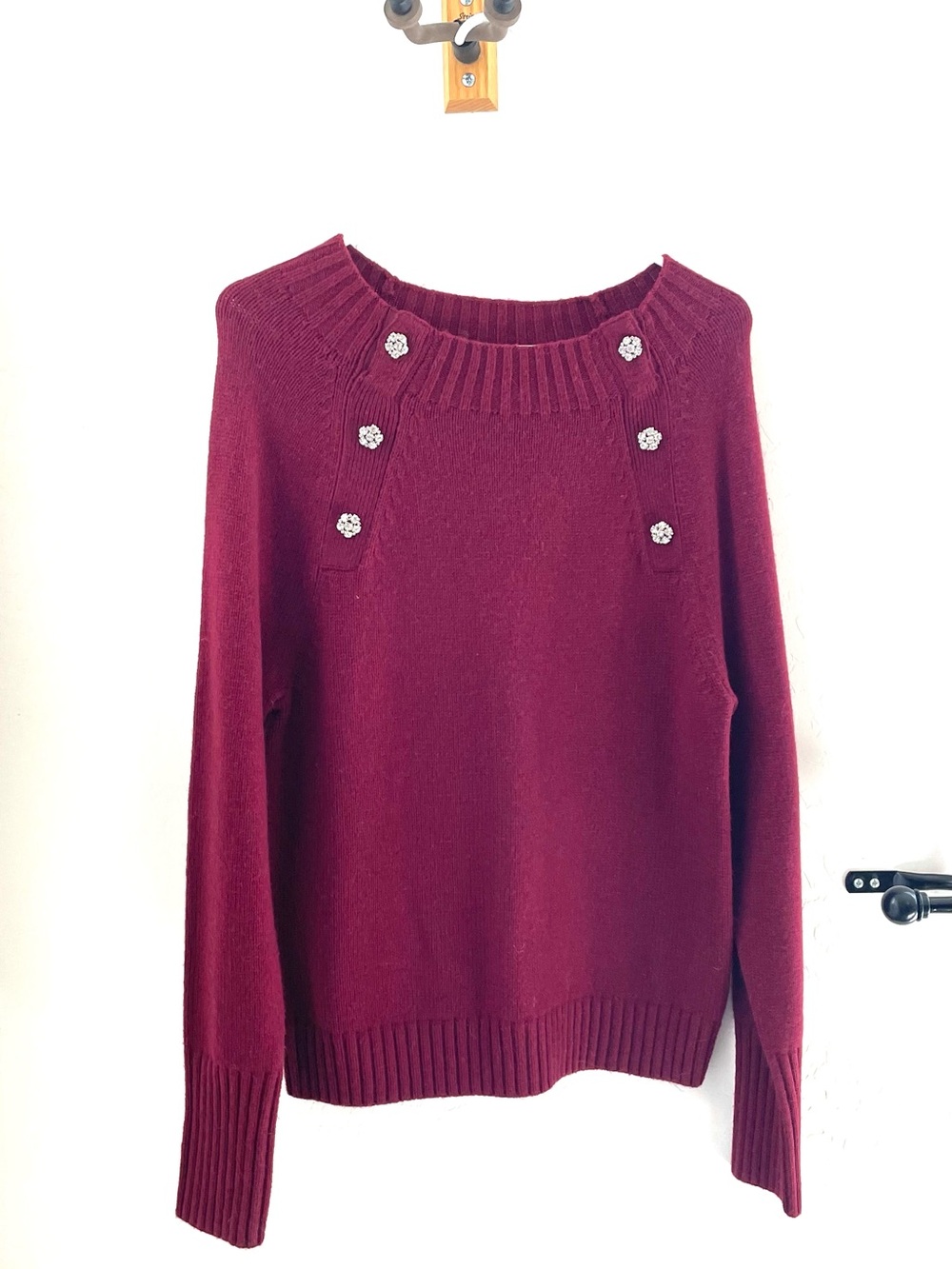 J. Crew Burgundy Crewneck Sweater with Rhinestone Buttons